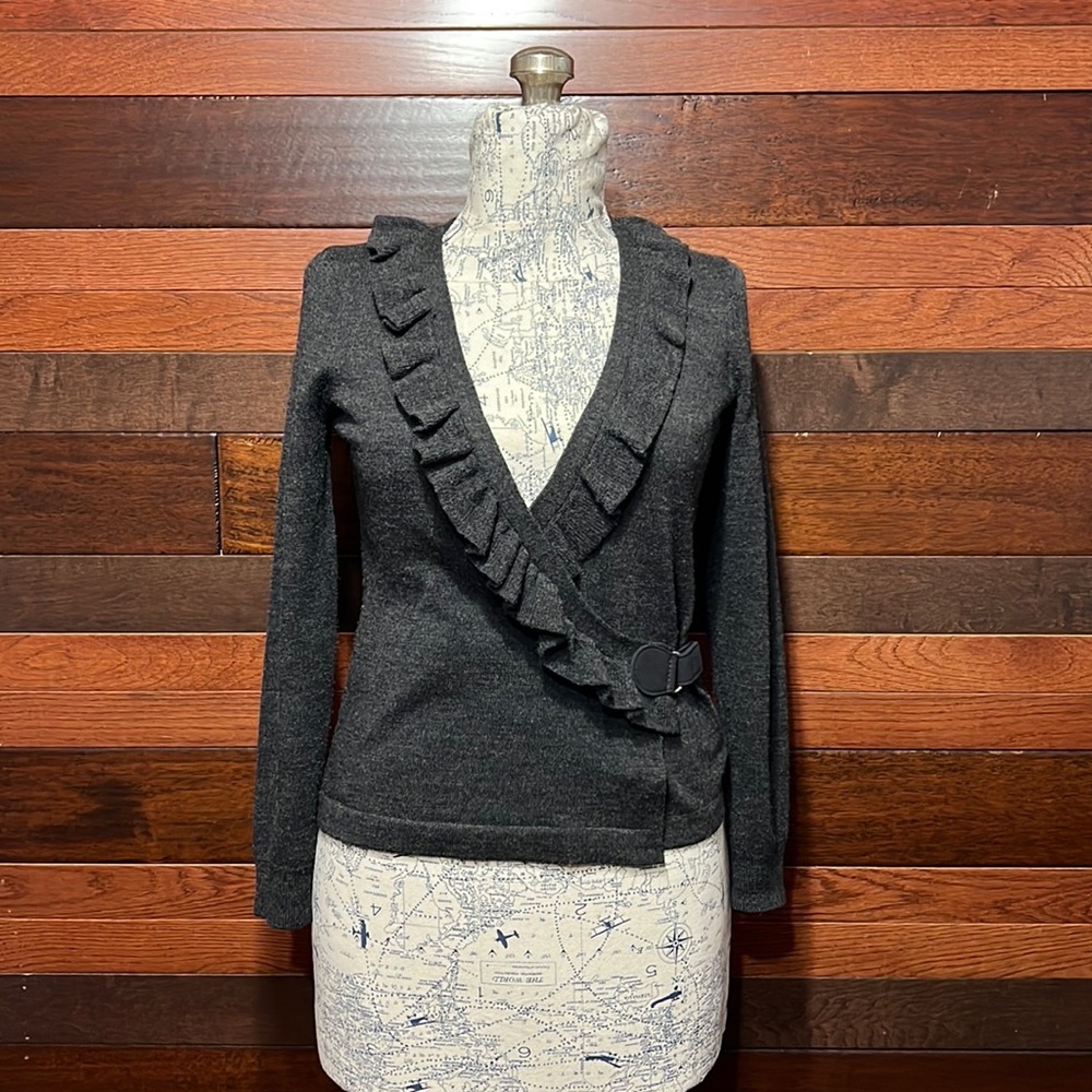 Elena Solano Ruffled V Neck Dark Gray Cardigan Sweater